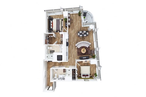 Floor plan for 2 beds, 2 baths, 1057 sqft